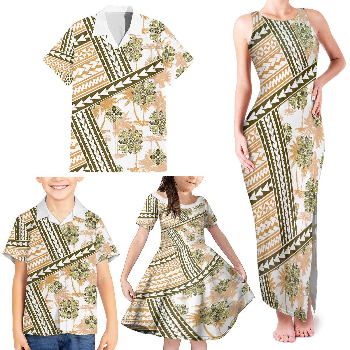 Hawaii Quilt Family Matching Tank Maxi Dress and Hawaiian Shirt Kakau Polynesian Pattern Gold Version LT01 - Polynesian Pride