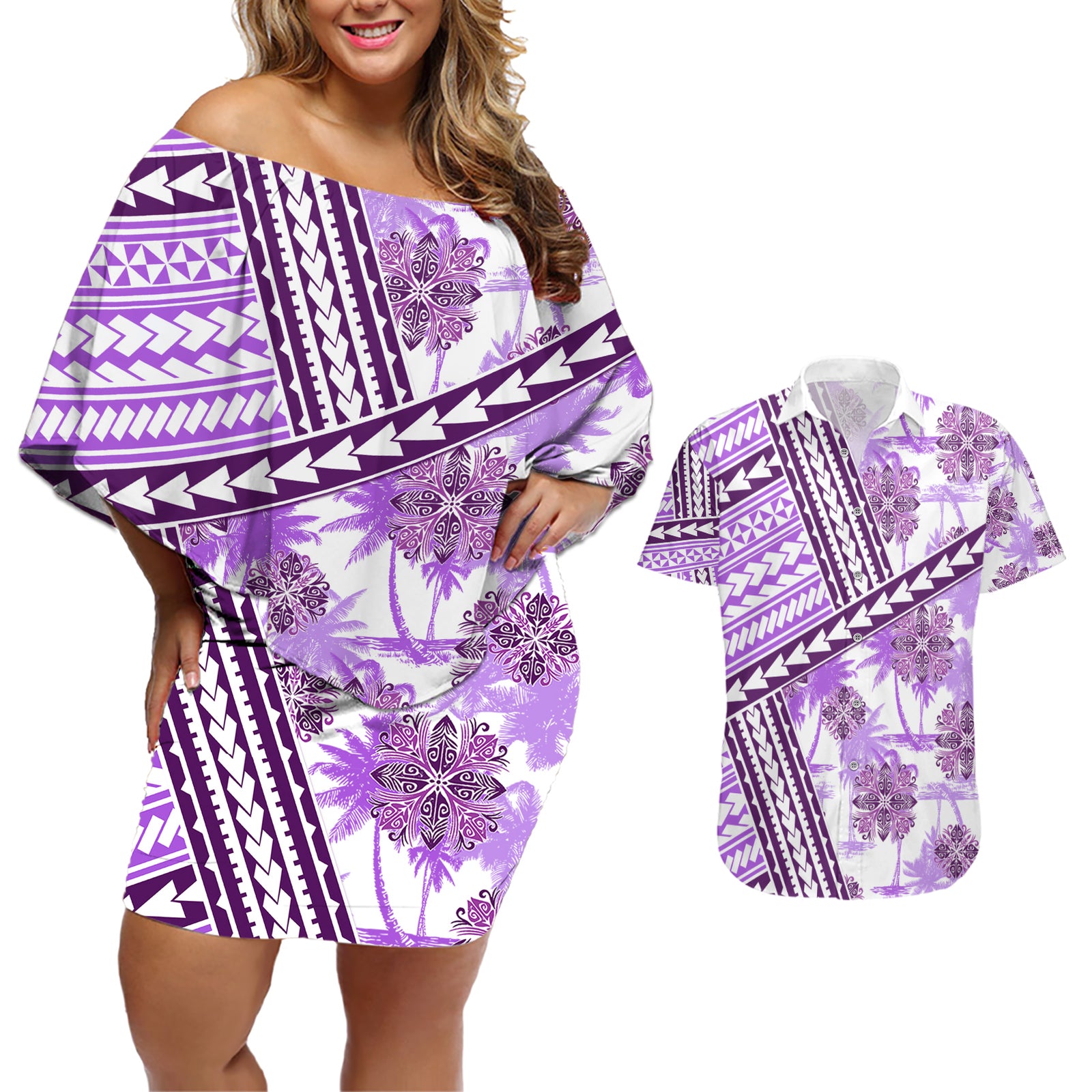 Hawaii Quilt Couples Matching Off Shoulder Short Dress and Hawaiian Shirt Kakau Polynesian Pattern Lilac Version LT01 Purple - Polynesian Pride
