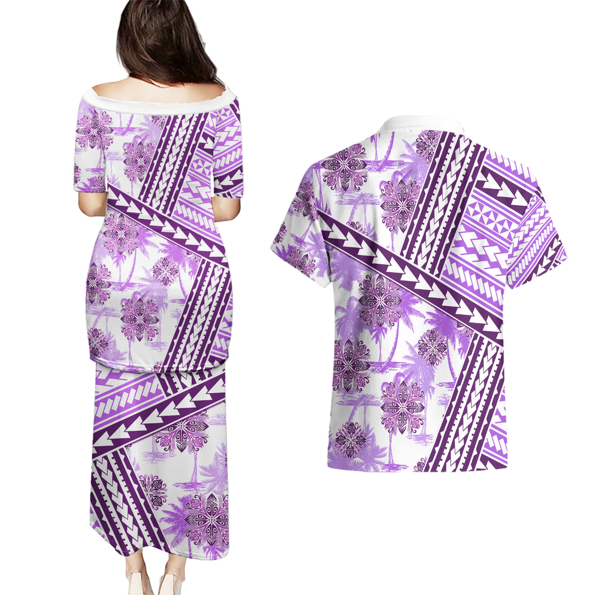 Hawaii Quilt Couples Matching Puletasi Dress and Hawaiian Shirt Kakau Polynesian Pattern Lilac Version LT01 - Polynesian Pride
