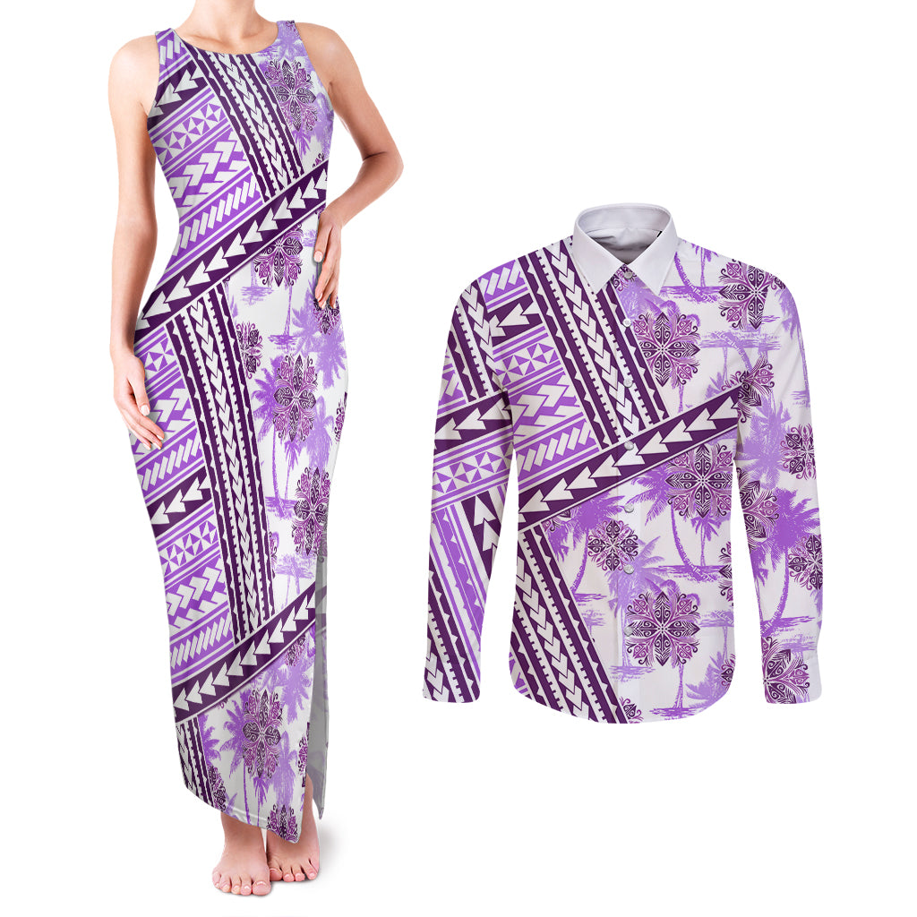 Hawaii Quilt Couples Matching Tank Maxi Dress and Long Sleeve Button Shirt Kakau Polynesian Pattern Lilac Version LT01 Purple - Polynesian Pride