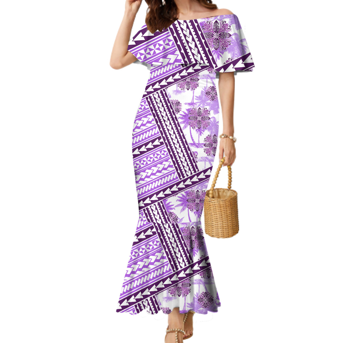 Hawaii Quilt Family Matching Mermaid Dress and Hawaiian Shirt Kakau Polynesian Pattern Lilac Version LT01 Mom's Dress Purple - Polynesian Pride