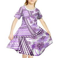 Hawaii Quilt Kid Short Sleeve Dress Kakau Polynesian Pattern Lilac Version LT01 - Polynesian Pride