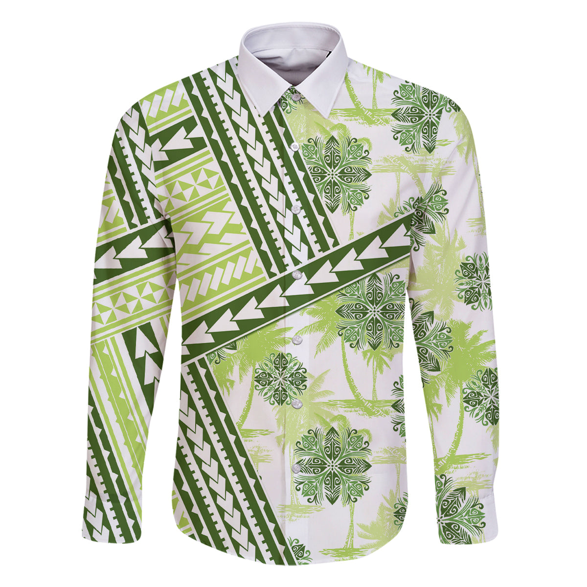 Hawaii Quilt Family Matching Off Shoulder Maxi Dress and Hawaiian Shirt Kakau Polynesian Pattern Olive Green Version LT01 Dad's Shirt - Long Sleeve Green - Polynesian Pride