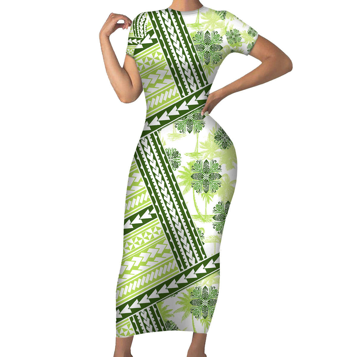 Hawaii Quilt Family Matching Short Sleeve Bodycon Dress and Hawaiian Shirt Kakau Polynesian Pattern Olive Green Version LT01 Mom's Dress Green - Polynesian Pride