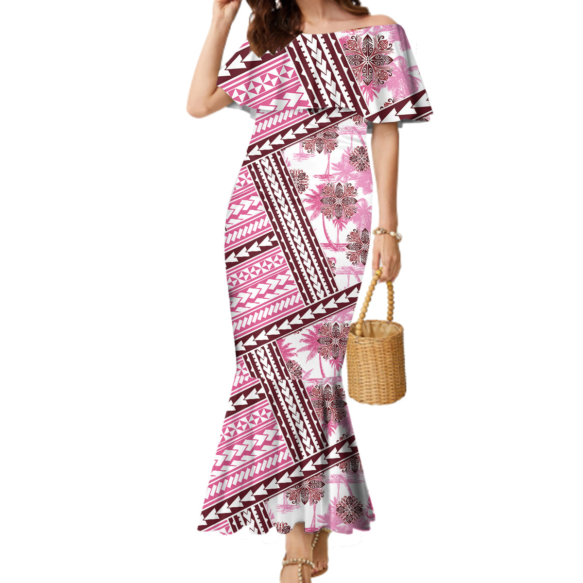 Hawaii Quilt Family Matching Mermaid Dress and Hawaiian Shirt Kakau Polynesian Pattern Mauve Pink Version LT01 Mom's Dress Pink - Polynesian Pride