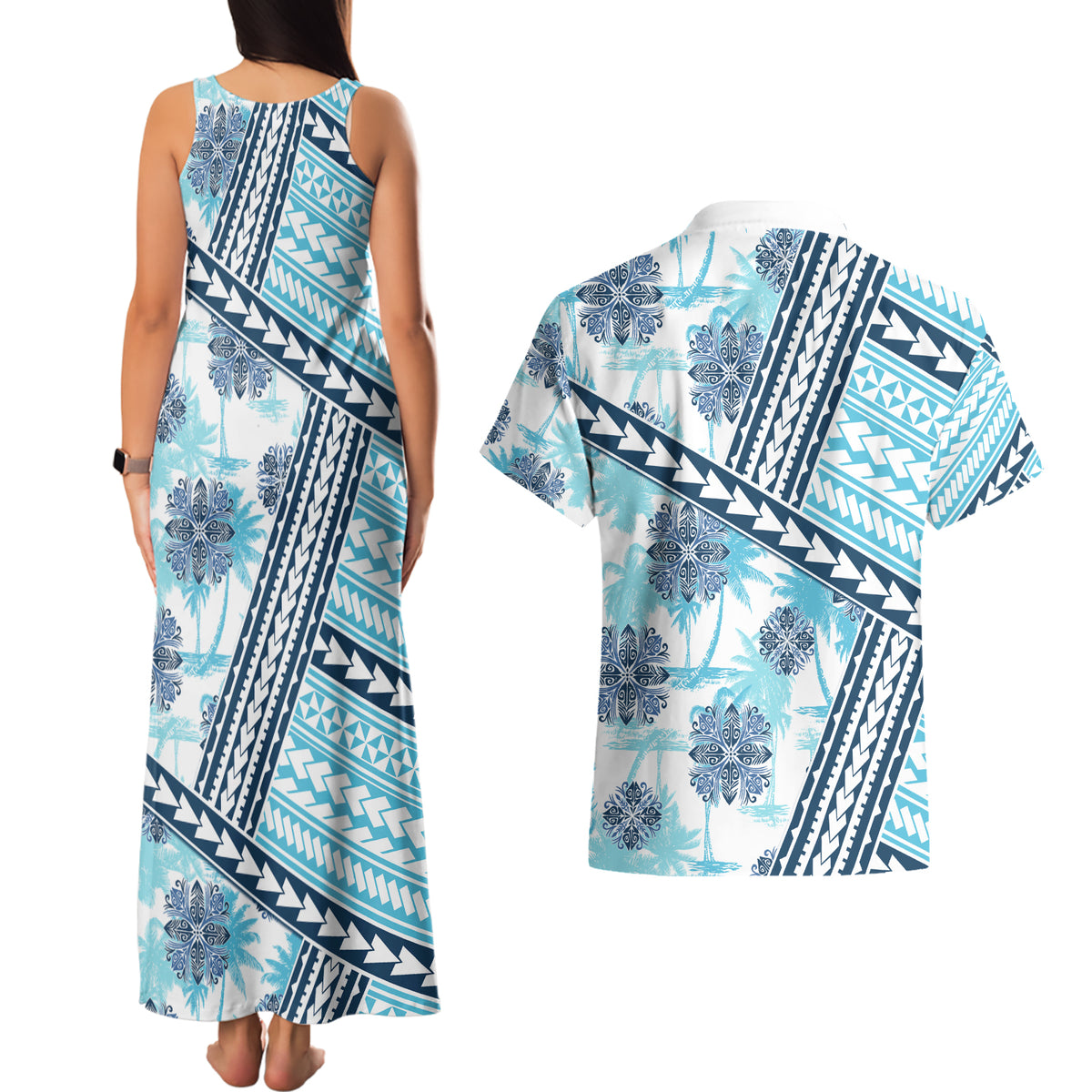 Hawaii Quilt Couples Matching Tank Maxi Dress and Hawaiian Shirt Kakau Polynesian Pattern Sky Blue Version LT01 - Polynesian Pride