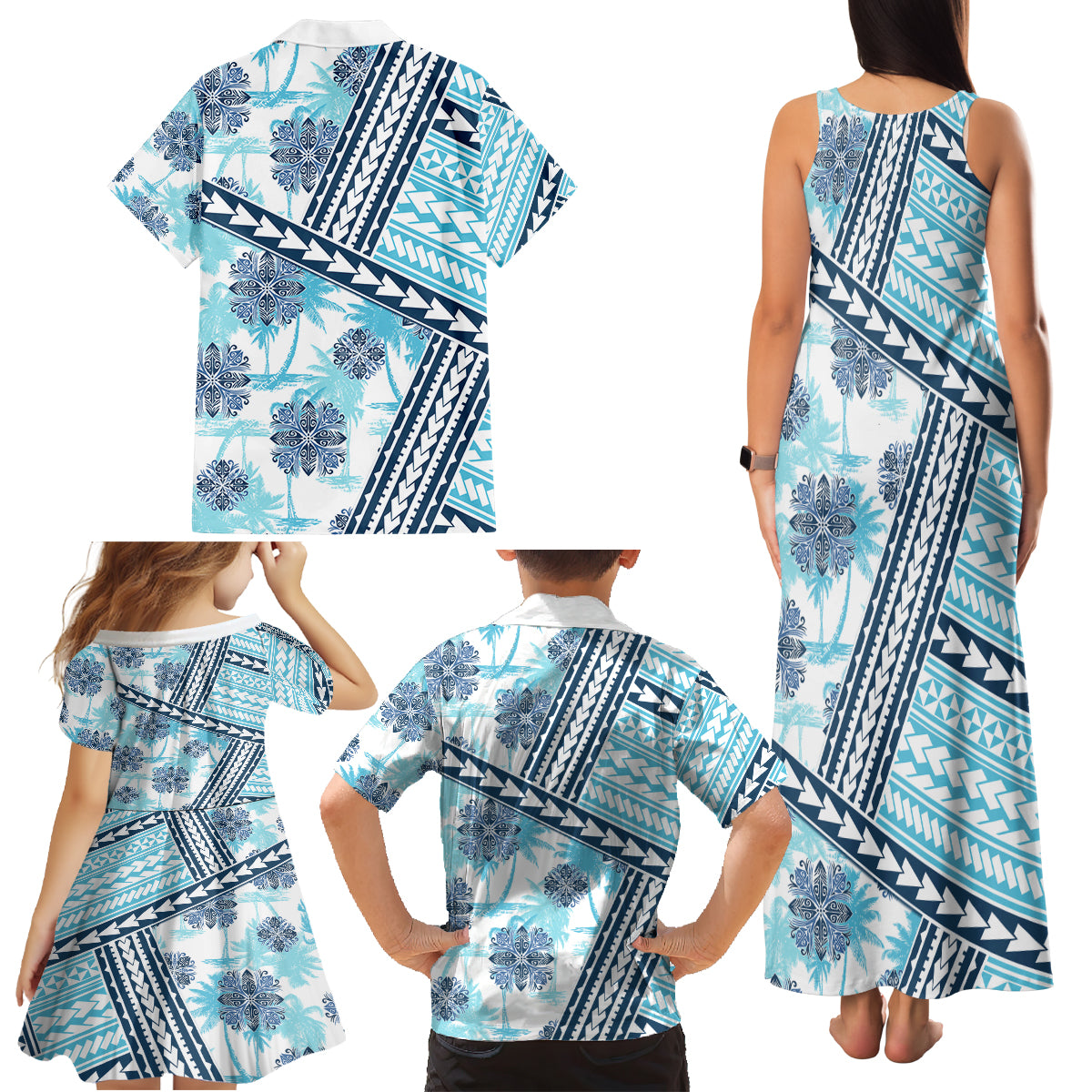 Hawaii Quilt Family Matching Tank Maxi Dress and Hawaiian Shirt Kakau Polynesian Pattern Sky Blue Version LT01 - Polynesian Pride
