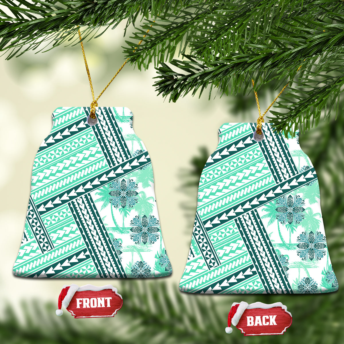 Hawaii Quilt Ceramic Ornament Kakau Polynesian Pattern Teal Version LT01 Bell Flake Teal - Polynesian Pride