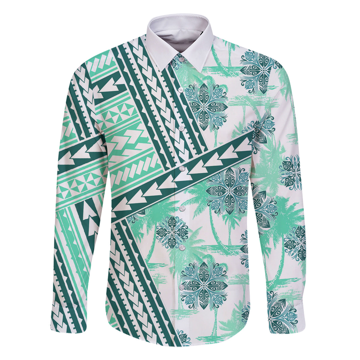 Hawaii Quilt Family Matching Off Shoulder Maxi Dress and Hawaiian Shirt Kakau Polynesian Pattern Teal Version LT01 Dad's Shirt - Long Sleeve Teal - Polynesian Pride