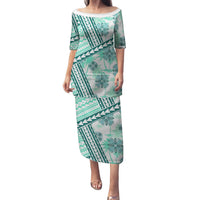 Hawaii Quilt Family Matching Puletasi Dress and Hawaiian Shirt Kakau Polynesian Pattern Teal Version LT01 Mom's Dress Teal - Polynesian Pride
