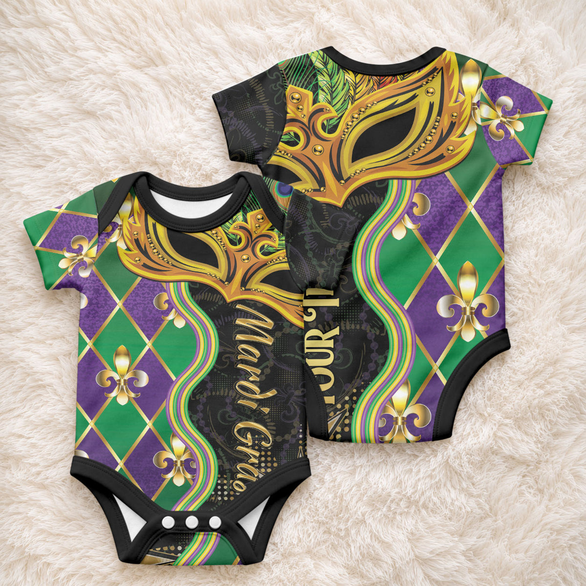 Personalized Mardi Gras Baby Onesie Gold Mask Unique Style LT01 - Polynesian Pride