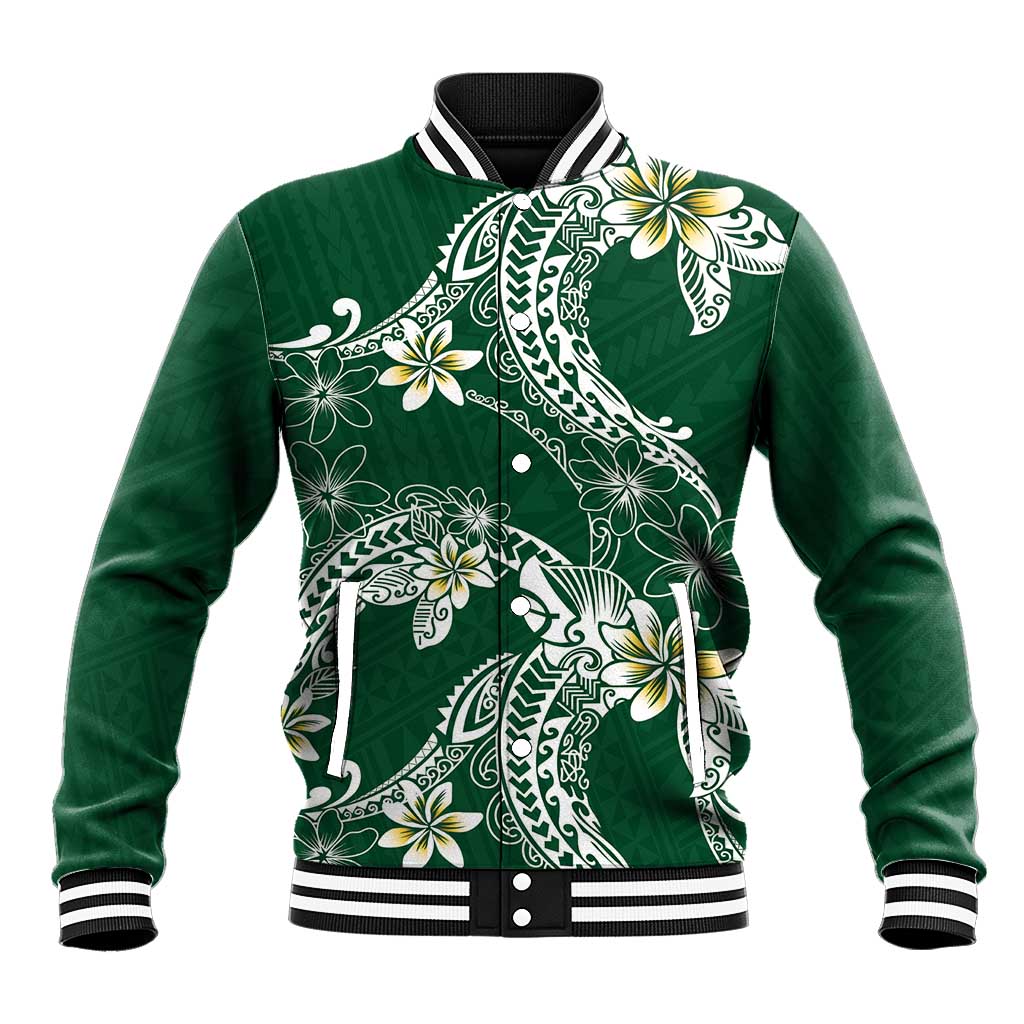 Polynesian Hawaiian Plumeria Tribal Pattern Baseball Jacket Green Version