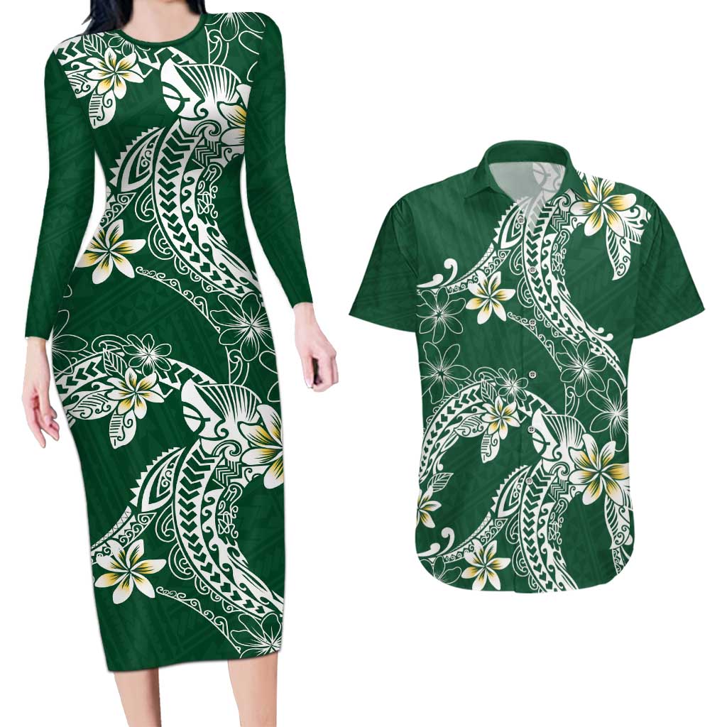 Polynesian Hawaiian Plumeria Tribal Pattern Couples Matching Long Sleeve Bodycon Dress and Hawaiian Shirt Green Version LT01 Green - Polynesian Pride