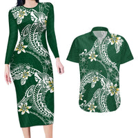 Polynesian Hawaiian Plumeria Tribal Pattern Couples Matching Long Sleeve Bodycon Dress and Hawaiian Shirt Green Version LT01 Green - Polynesian Pride