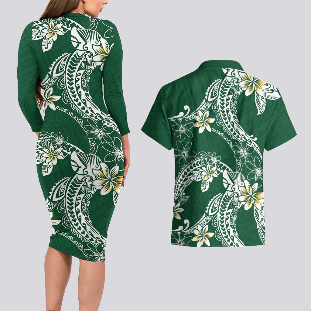 Polynesian Hawaiian Plumeria Tribal Pattern Couples Matching Long Sleeve Bodycon Dress and Hawaiian Shirt Green Version LT01 - Polynesian Pride