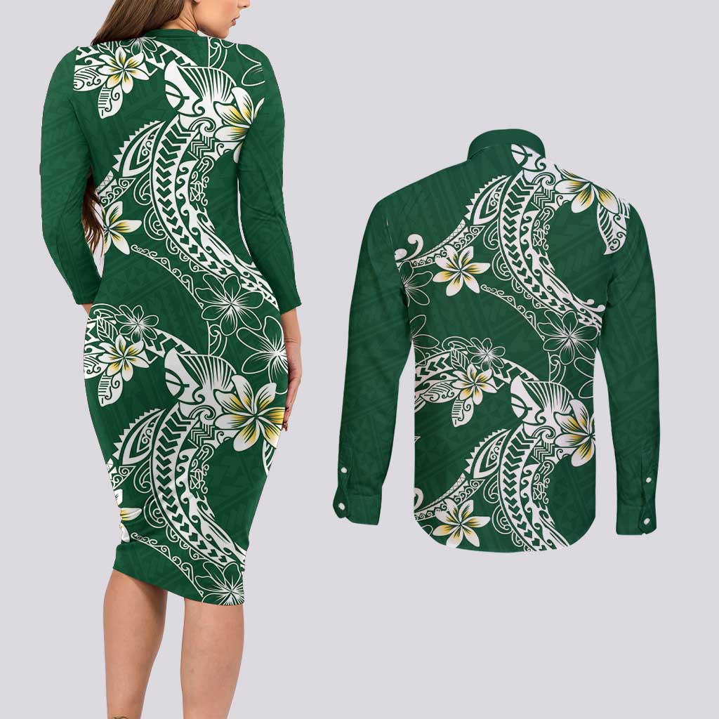Polynesian Hawaiian Plumeria Tribal Pattern Couples Matching Long Sleeve Bodycon Dress and Long Sleeve Button Shirt Green Version LT01 - Polynesian Pride