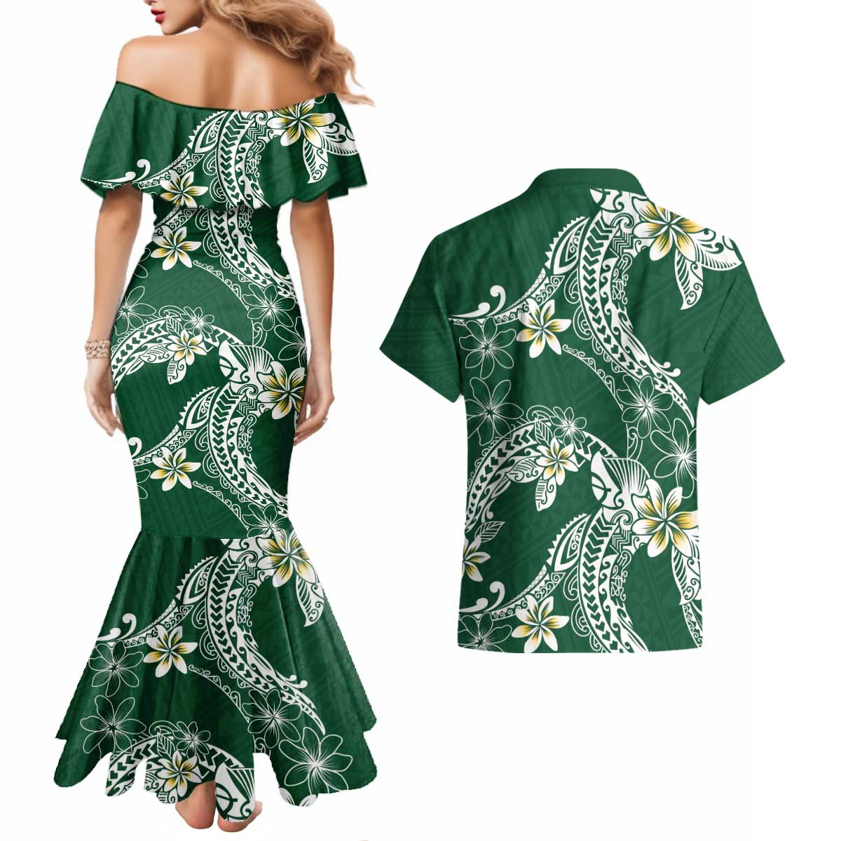 Polynesian Hawaiian Plumeria Tribal Pattern Couples Matching Mermaid Dress and Hawaiian Shirt Green Version LT01 - Polynesian Pride