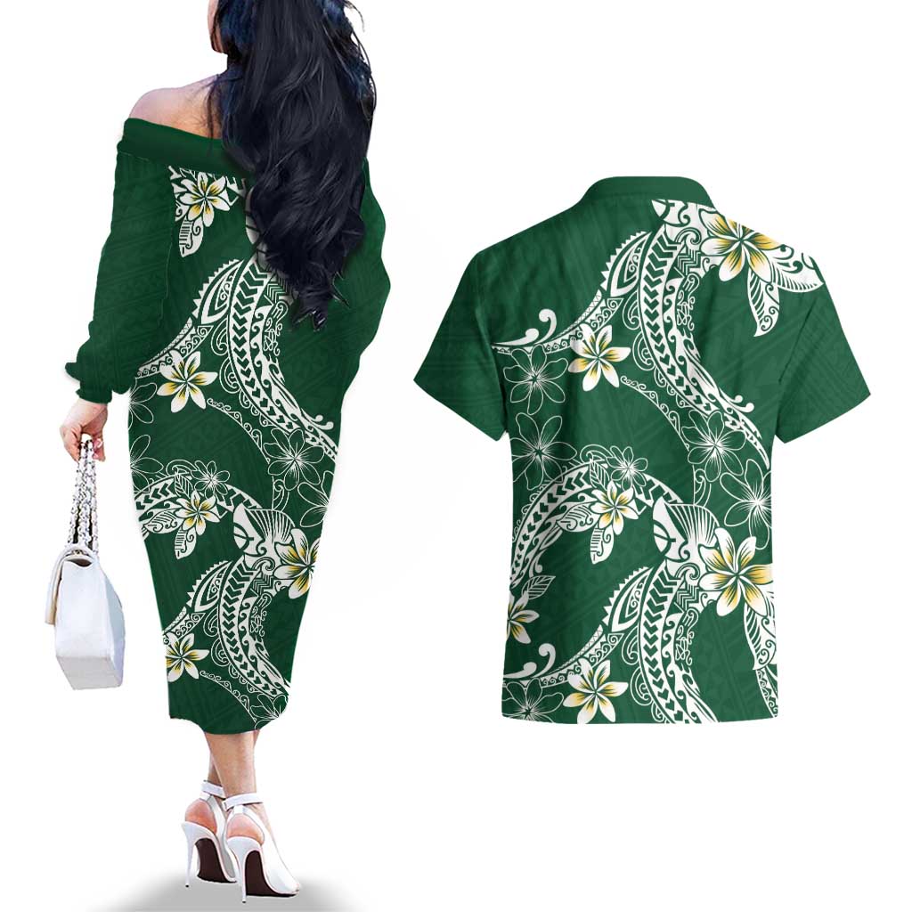 Polynesian Hawaiian Plumeria Tribal Pattern Couples Matching Off The Shoulder Long Sleeve Dress and Hawaiian Shirt Green Version LT01 - Polynesian Pride