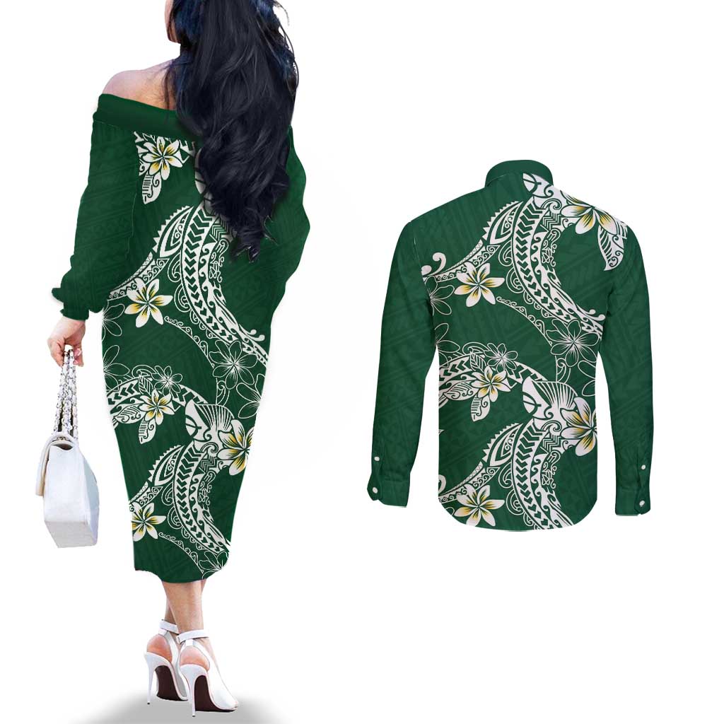 Polynesian Hawaiian Plumeria Tribal Pattern Couples Matching Off The Shoulder Long Sleeve Dress and Long Sleeve Button Shirt Green Version LT01 - Polynesian Pride