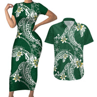 Polynesian Hawaiian Plumeria Tribal Pattern Couples Matching Short Sleeve Bodycon Dress and Hawaiian Shirt Green Version LT01 Green - Polynesian Pride