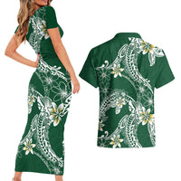 Polynesian Hawaiian Plumeria Tribal Pattern Couples Matching Short Sleeve Bodycon Dress and Hawaiian Shirt Green Version LT01 - Polynesian Pride