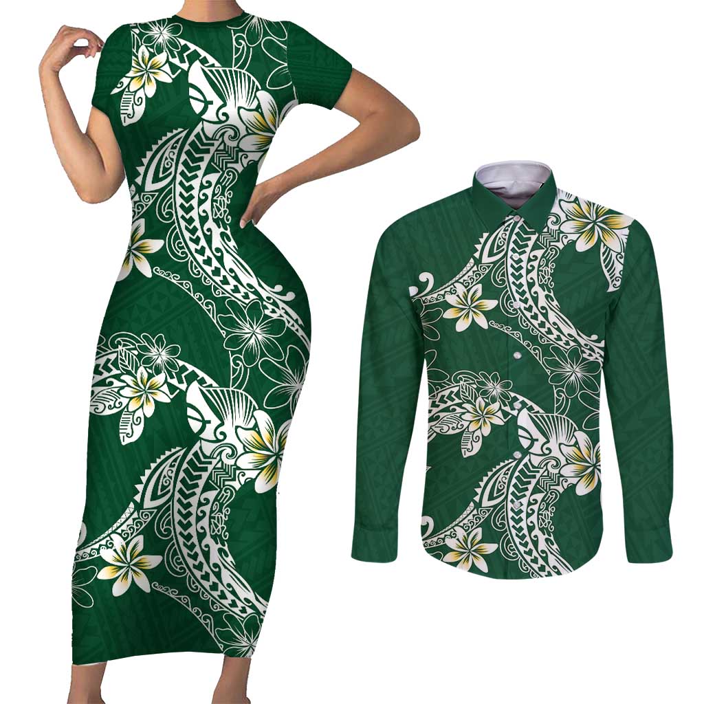 Polynesian Hawaiian Plumeria Tribal Pattern Couples Matching Short Sleeve Bodycon Dress and Long Sleeve Button Shirt Green Version LT01 Green - Polynesian Pride