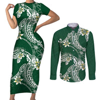 Polynesian Hawaiian Plumeria Tribal Pattern Couples Matching Short Sleeve Bodycon Dress and Long Sleeve Button Shirt Green Version LT01 Green - Polynesian Pride