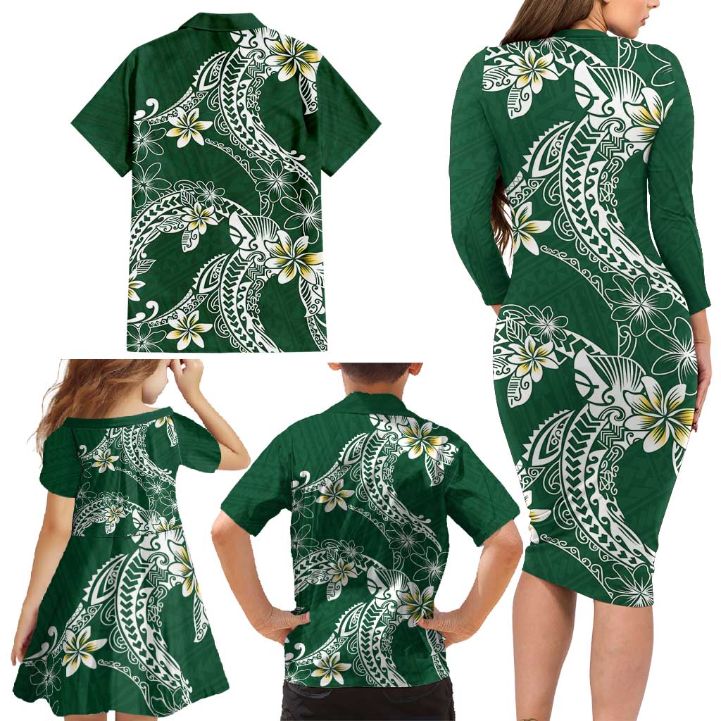 Polynesian Hawaiian Plumeria Tribal Pattern Family Matching Long Sleeve Bodycon Dress and Hawaiian Shirt Green Version LT01 - Polynesian Pride