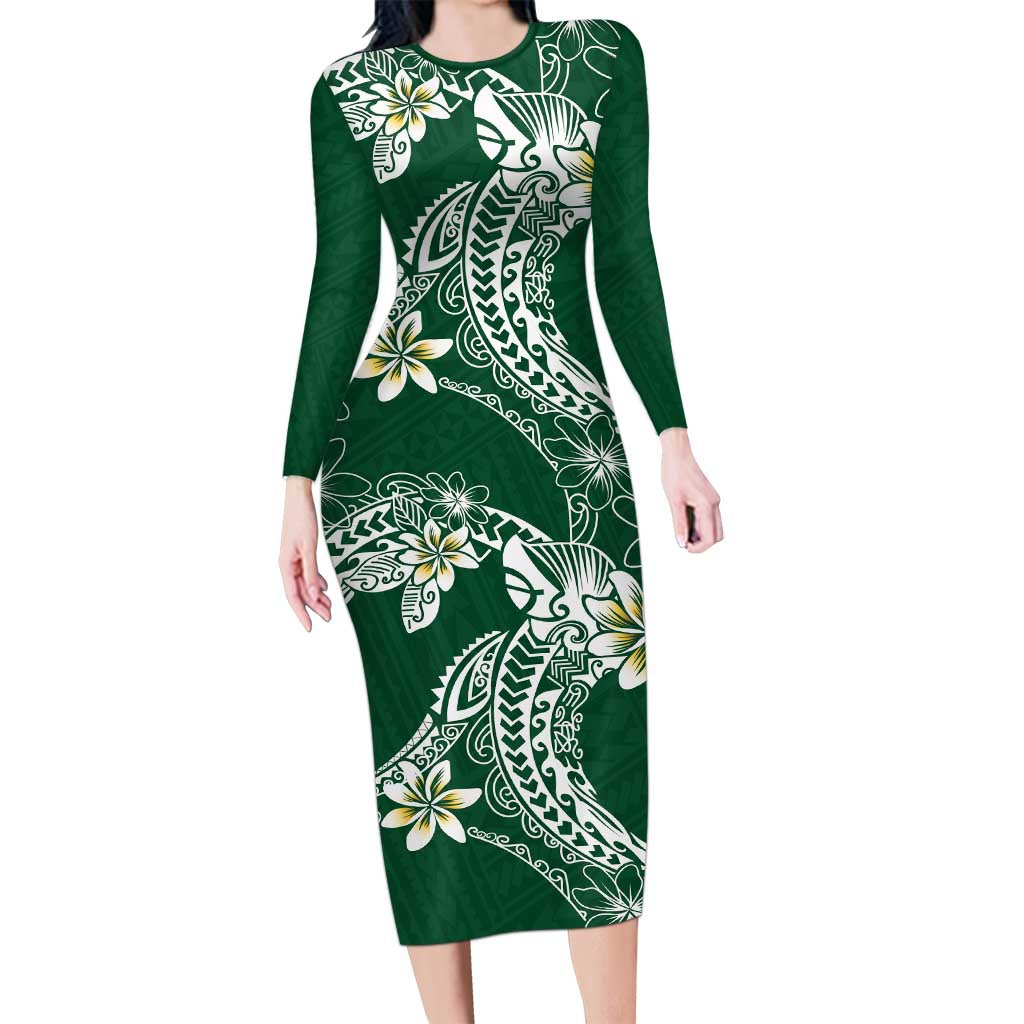 Polynesian Hawaiian Plumeria Tribal Pattern Family Matching Long Sleeve Bodycon Dress and Hawaiian Shirt Green Version LT01 Mom's Dress Green - Polynesian Pride