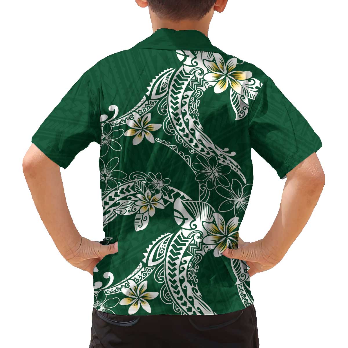 Polynesian Hawaiian Plumeria Tribal Pattern Family Matching Off The Shoulder Long Sleeve Dress and Hawaiian Shirt Green Version LT01 - Polynesian Pride