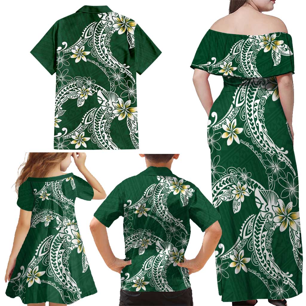 Polynesian Hawaiian Plumeria Tribal Pattern Family Matching Off Shoulder Maxi Dress and Hawaiian Shirt Green Version LT01 - Polynesian Pride