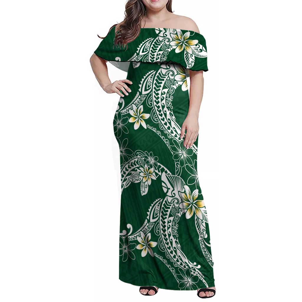 Polynesian Hawaiian Plumeria Tribal Pattern Family Matching Off Shoulder Maxi Dress and Hawaiian Shirt Green Version LT01 Mom's Dress Green - Polynesian Pride