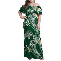 Polynesian Hawaiian Plumeria Tribal Pattern Family Matching Off Shoulder Maxi Dress and Hawaiian Shirt Green Version LT01 Mom's Dress Green - Polynesian Pride