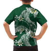 Polynesian Hawaiian Plumeria Tribal Pattern Family Matching Off Shoulder Short Dress and Hawaiian Shirt Green Version LT01 - Polynesian Pride