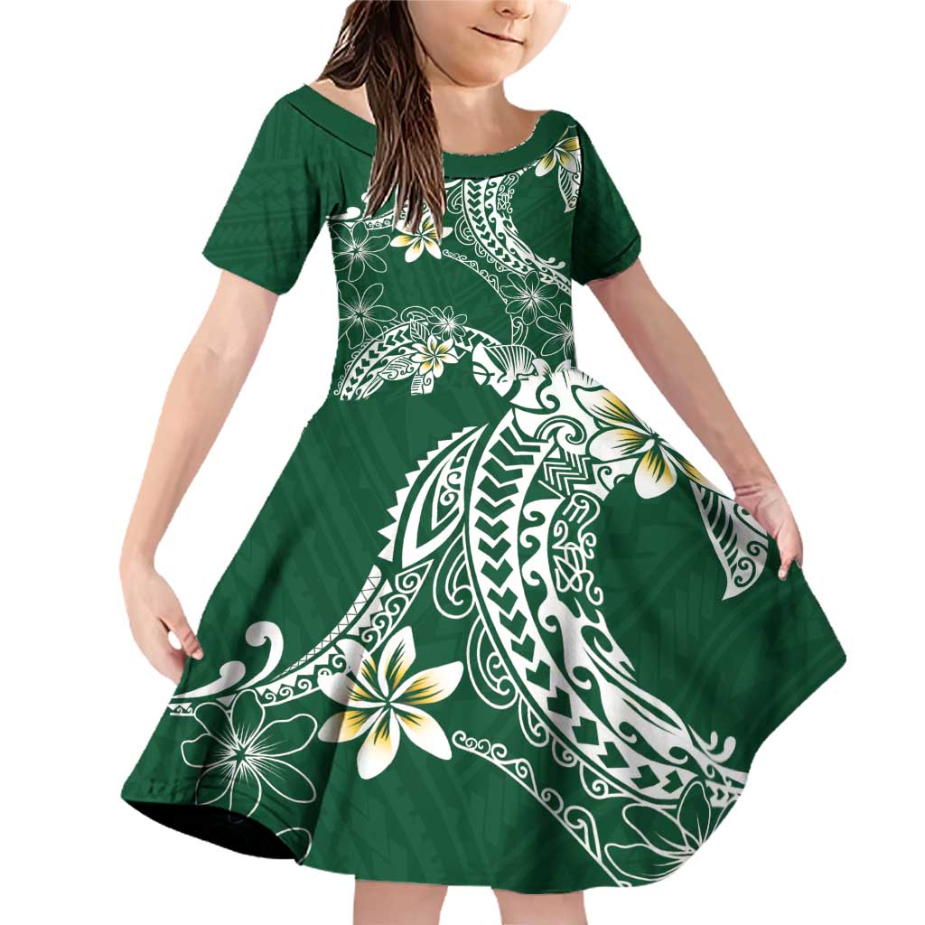 Polynesian Hawaiian Plumeria Tribal Pattern Family Matching Off Shoulder Short Dress and Hawaiian Shirt Green Version LT01 Daughter's Dress Green - Polynesian Pride