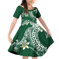 Polynesian Hawaiian Plumeria Tribal Pattern Family Matching Off Shoulder Short Dress and Hawaiian Shirt Green Version LT01 Daughter's Dress Green - Polynesian Pride