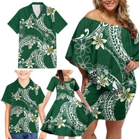 Polynesian Hawaiian Plumeria Tribal Pattern Family Matching Off Shoulder Short Dress and Hawaiian Shirt Green Version LT01 - Polynesian Pride