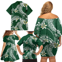 Polynesian Hawaiian Plumeria Tribal Pattern Family Matching Off Shoulder Short Dress and Hawaiian Shirt Green Version LT01 - Polynesian Pride