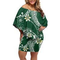 Polynesian Hawaiian Plumeria Tribal Pattern Family Matching Off Shoulder Short Dress and Hawaiian Shirt Green Version LT01 Mom's Dress Green - Polynesian Pride