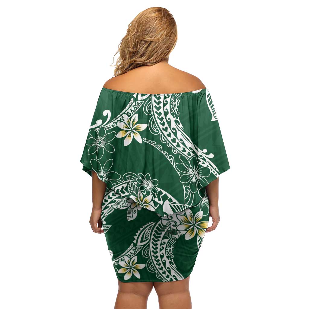 Polynesian Hawaiian Plumeria Tribal Pattern Family Matching Off Shoulder Short Dress and Hawaiian Shirt Green Version LT01 - Polynesian Pride