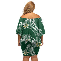 Polynesian Hawaiian Plumeria Tribal Pattern Family Matching Off Shoulder Short Dress and Hawaiian Shirt Green Version LT01 - Polynesian Pride