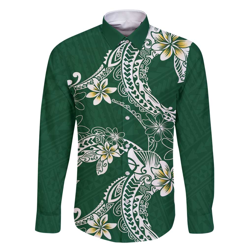 Polynesian Hawaiian Plumeria Tribal Pattern Family Matching Short Sleeve Bodycon Dress and Hawaiian Shirt Green Version LT01 Dad's Shirt - Long Sleeve Green - Polynesian Pride