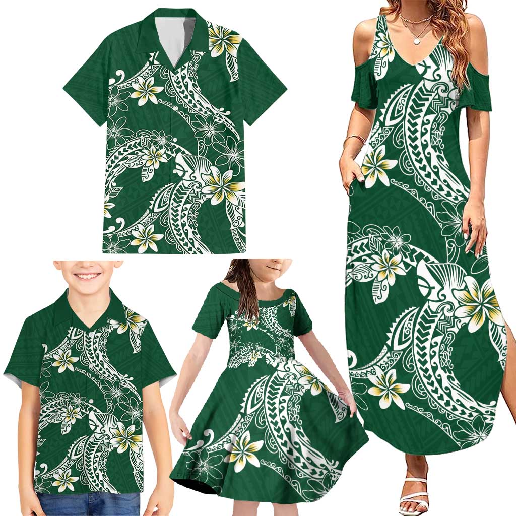 Polynesian Hawaiian Plumeria Tribal Pattern Family Matching Summer Maxi Dress and Hawaiian Shirt Green Version LT01 - Polynesian Pride