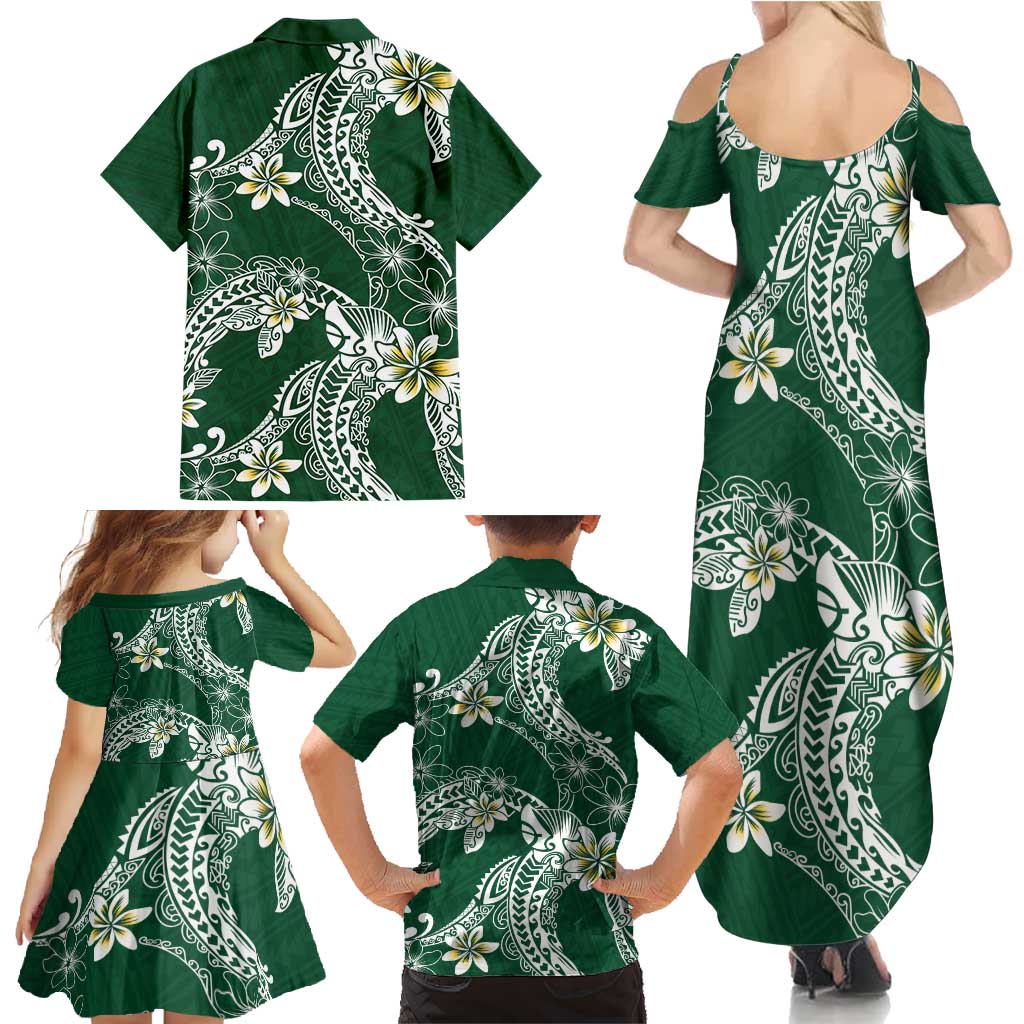 Polynesian Hawaiian Plumeria Tribal Pattern Family Matching Summer Maxi Dress and Hawaiian Shirt Green Version LT01 - Polynesian Pride