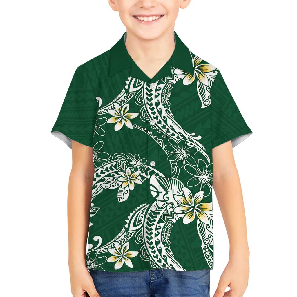 Polynesian Hawaiian Plumeria Tribal Pattern Family Matching Summer Maxi Dress and Hawaiian Shirt Green Version LT01 Son's Shirt Green - Polynesian Pride