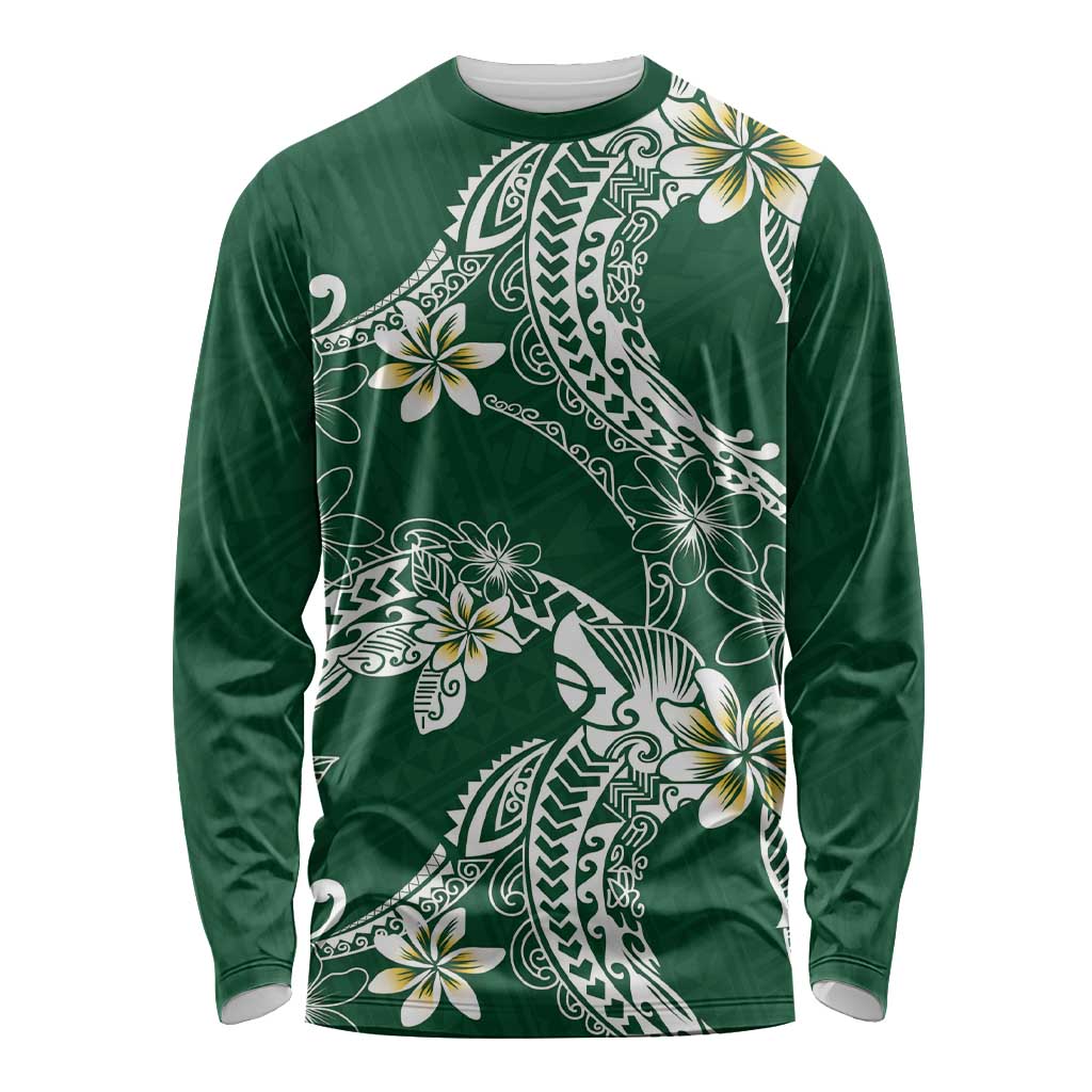 Polynesian Hawaiian Plumeria Tribal Pattern Long Sleeve Shirt Green Version