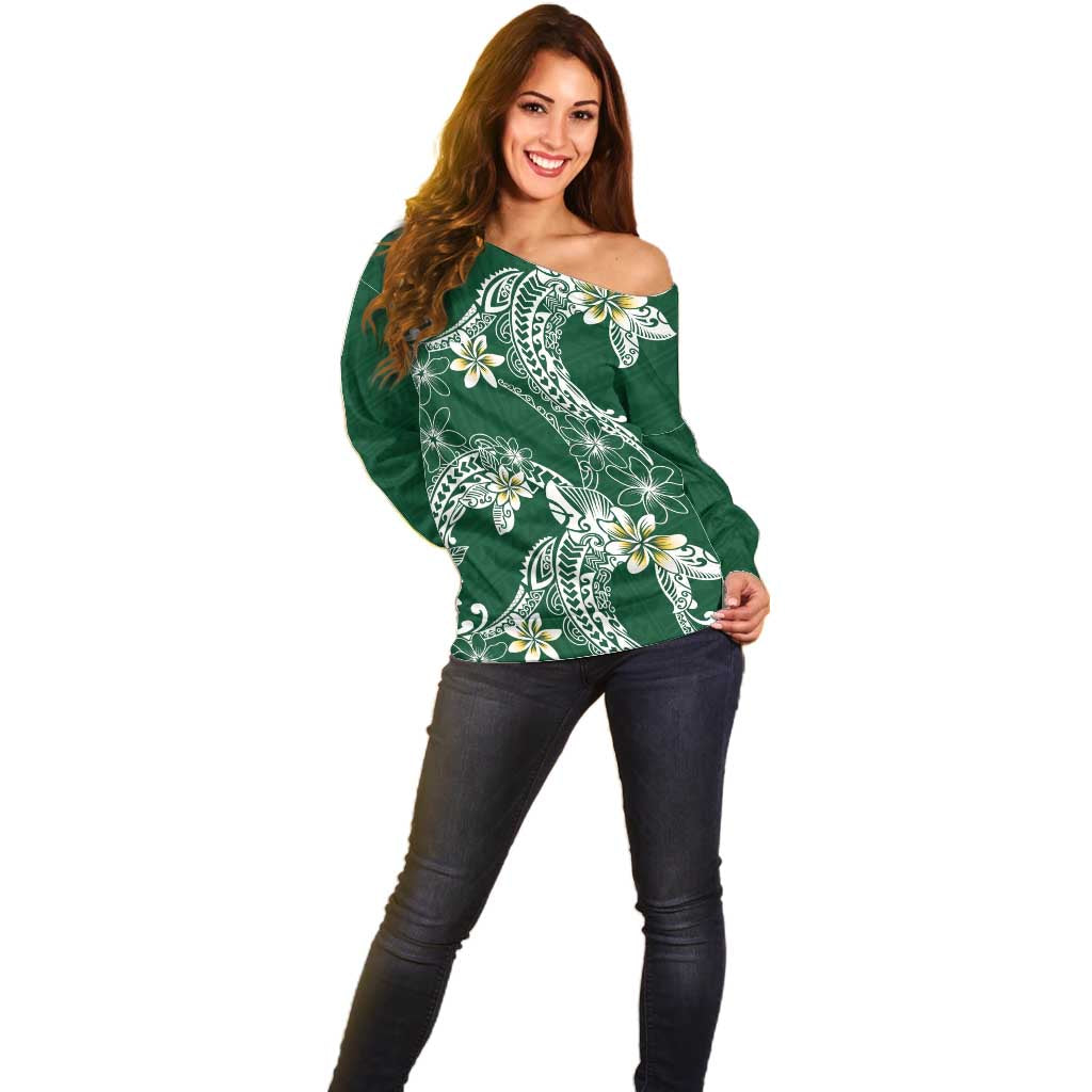 Polynesian Hawaiian Plumeria Tribal Pattern Off Shoulder Sweater Green Version