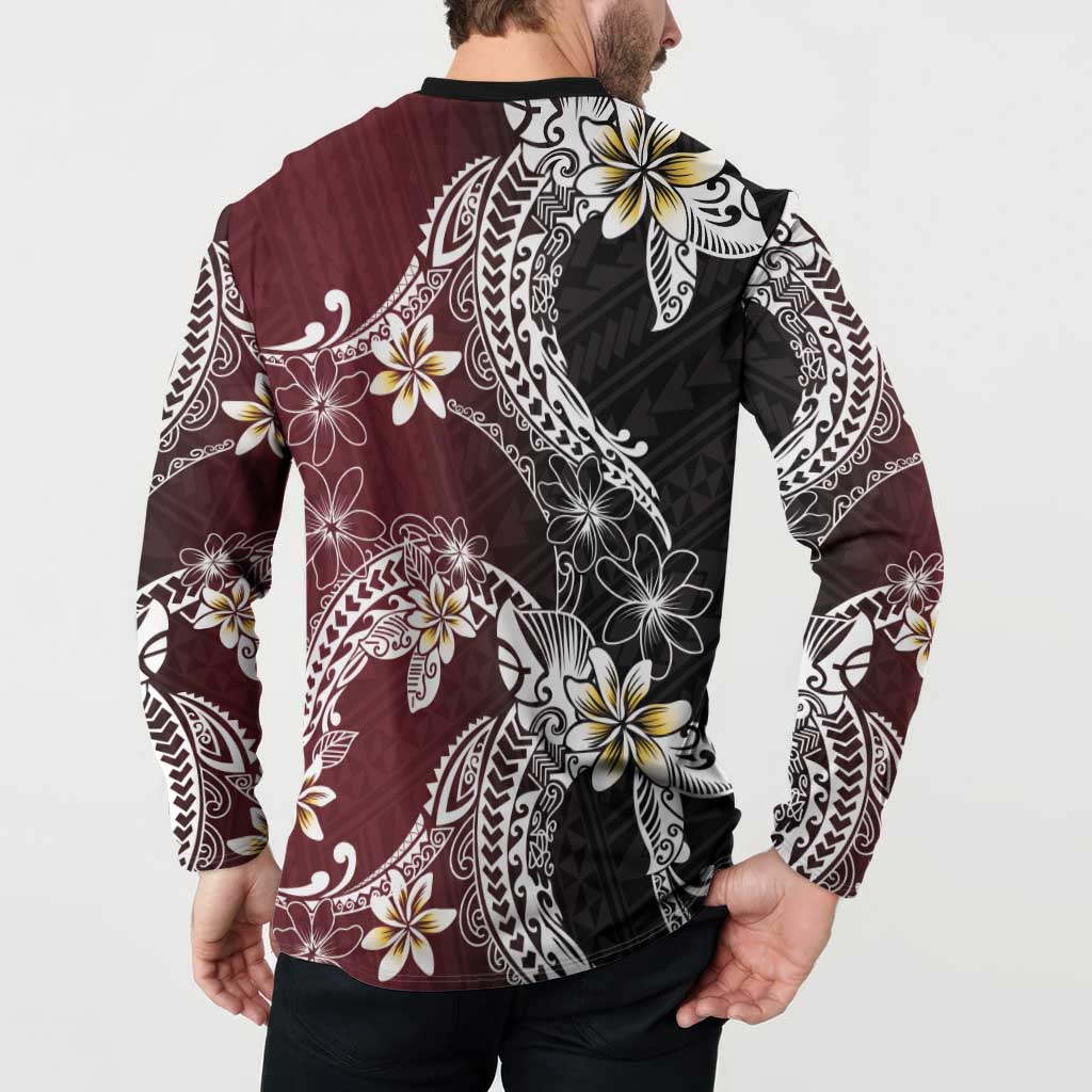 Polynesian Hawaiian Plumeria Tribal Pattern Button Sweatshirt Special Wine Red Version