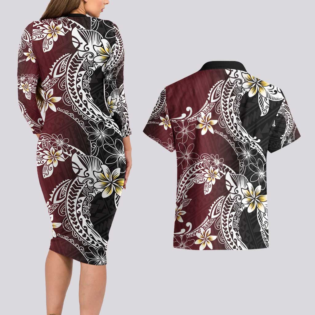 Polynesian Hawaiian Plumeria Tribal Pattern Couples Matching Long Sleeve Bodycon Dress and Hawaiian Shirt Special Wine Red Version LT01 - Polynesian Pride