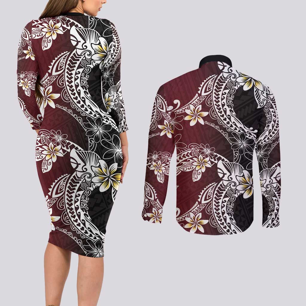 Polynesian Hawaiian Plumeria Tribal Pattern Couples Matching Long Sleeve Bodycon Dress and Long Sleeve Button Shirt Special Wine Red Version LT01 - Polynesian Pride